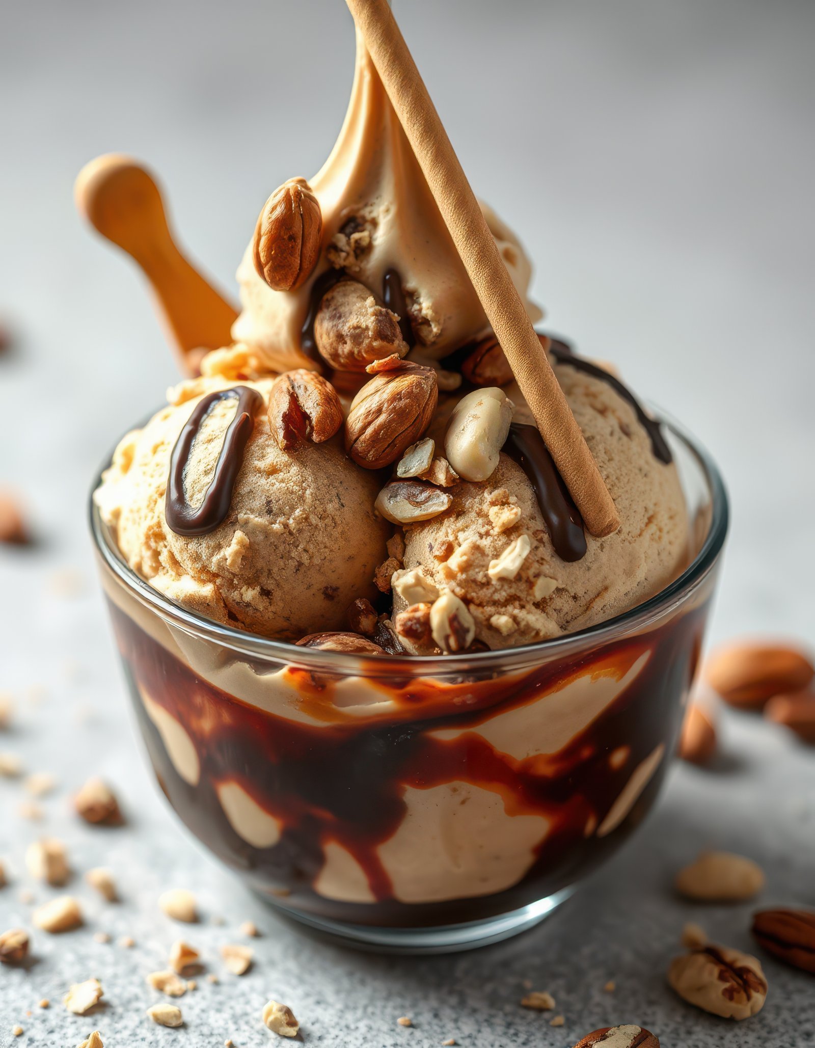 Delicious dessert featuring creamy ice cream topped with nuts and chocolate drizzle served in a clear glass bowl